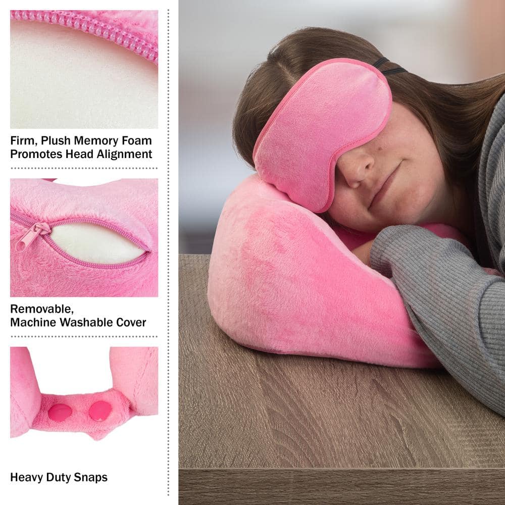 Pink Memory Foam Travel Pillow Set with Fleece Blanket and Eye Mask