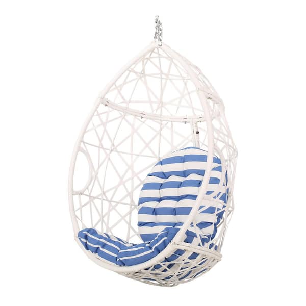 Unbranded Wicker Patio Swing Hanging Egg Chair with White Blue Cushion