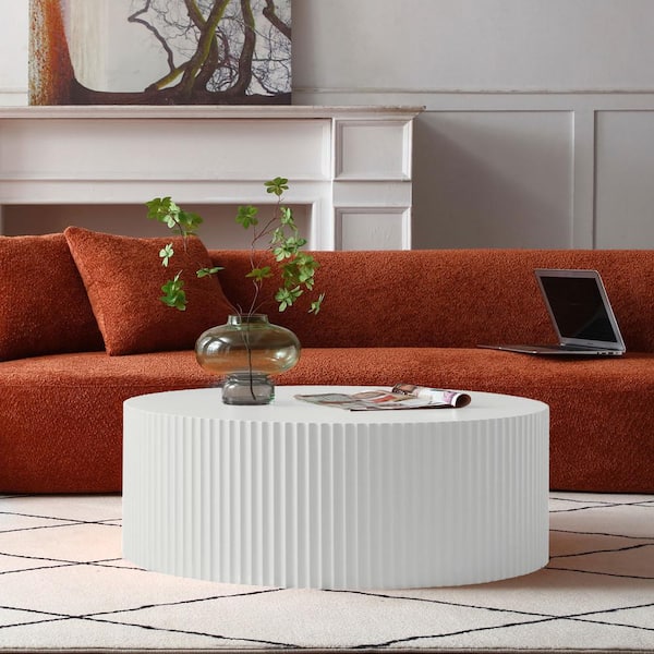 myhomore Contemporary Round Coffee Table with Handcrafted Relief, 35.43 in. White