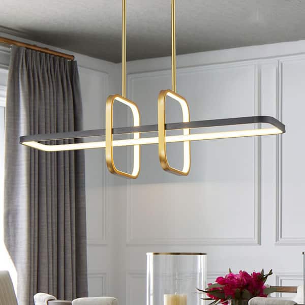 34.25 in. 3-Light Black and Gold Linear Integrated LED Rectangle Pendant Light