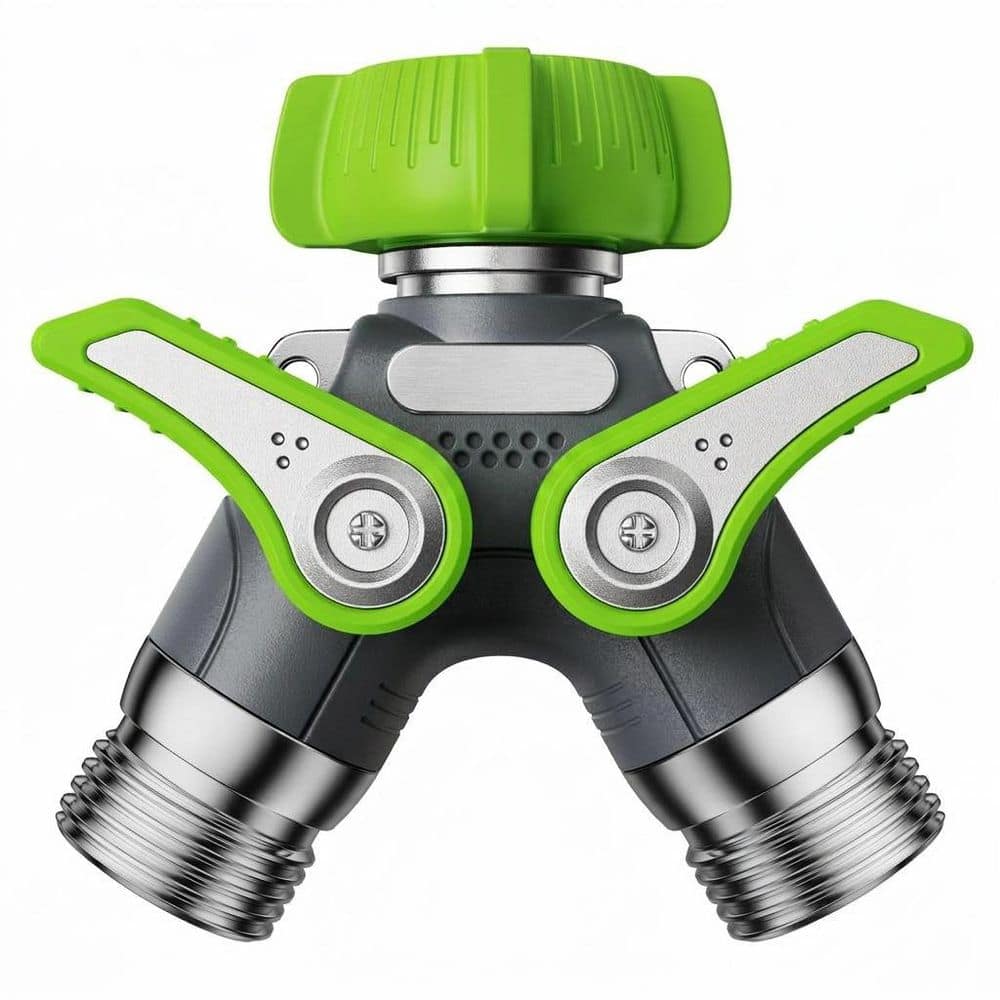 2 Way Water Hose Splitter with Shutoff Valves, 100 Percent Metal Body, 1.9 in. Handle, 3/4 in. GHT Thread, Green