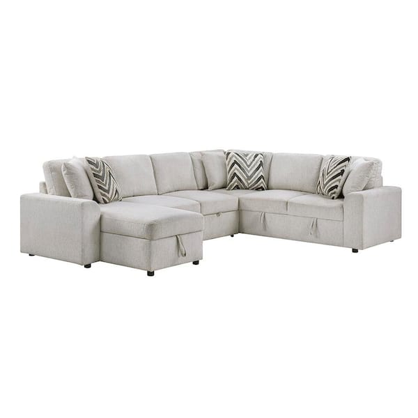 Lazzara Saluki 122 in. Straight Arm 3-Piece Chenille Fabric Sectional Sofa in Beige with Pull-Out Bed and Hidden Storage