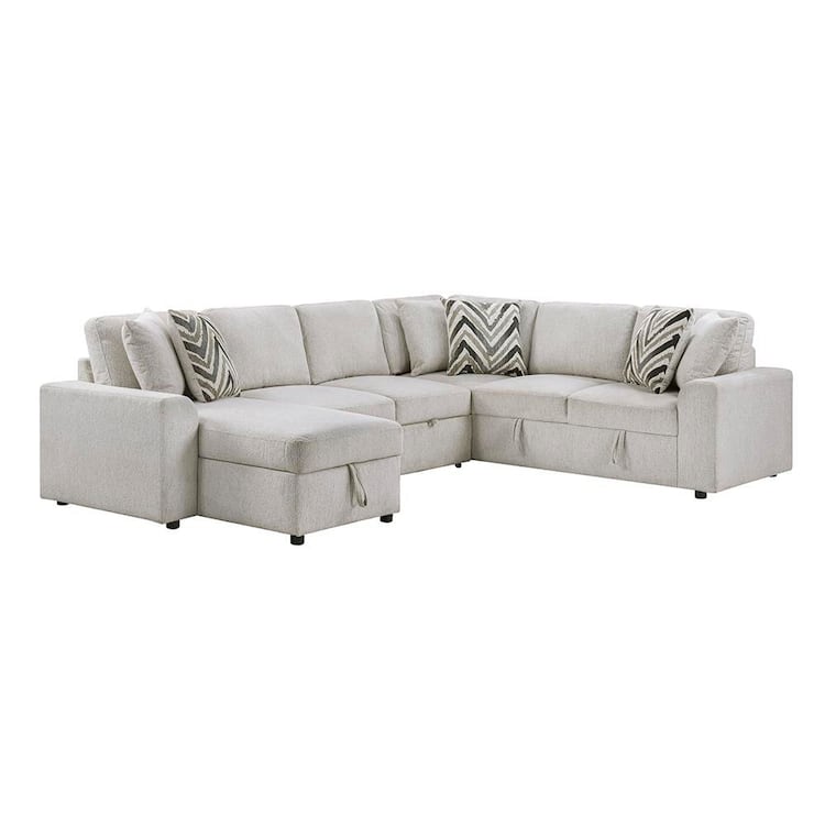 Lazzara Saluki 122 in. Straight Arm 3-Piece Chenille Fabric Sectional Sofa in Beige with Pull-Out Bed and Hidden Storage