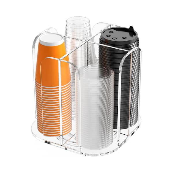 Rotating Clear Acrylic Cup Dispenser Food Storage Organizer for 10 oz. 12 oz. 16 oz. Cups Coffee Station 1-Piece