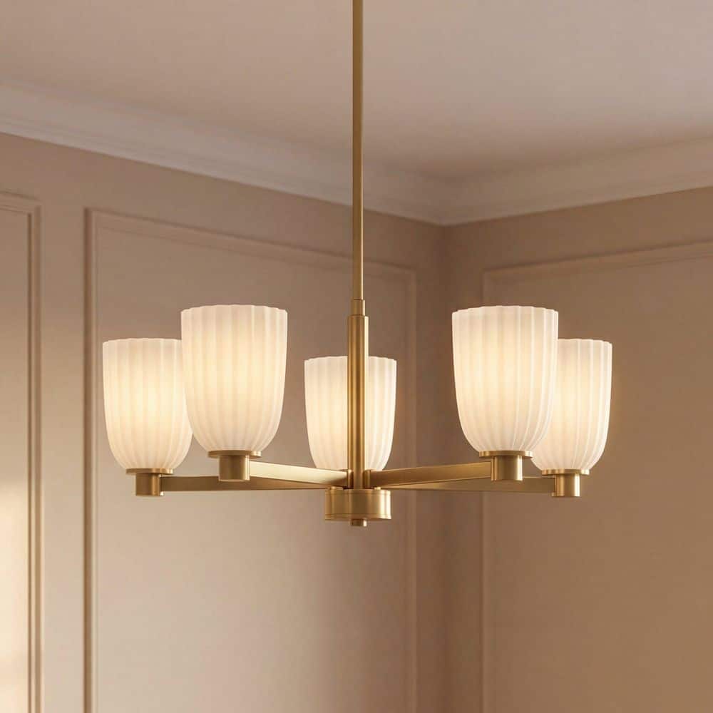 Baldwin 28 in. W x 11.5 in. H 5-Light Noble Brass Transitional Chandelier with White Opal Ribbed Glass Shades price history on PriceWatchPro