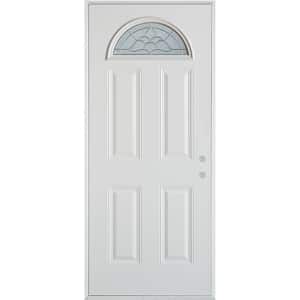 32 in. x 80 in. Traditional Brass Fan Lite 4-Panel Painted White Left-Hand Inswing Steel Prehung Front Door