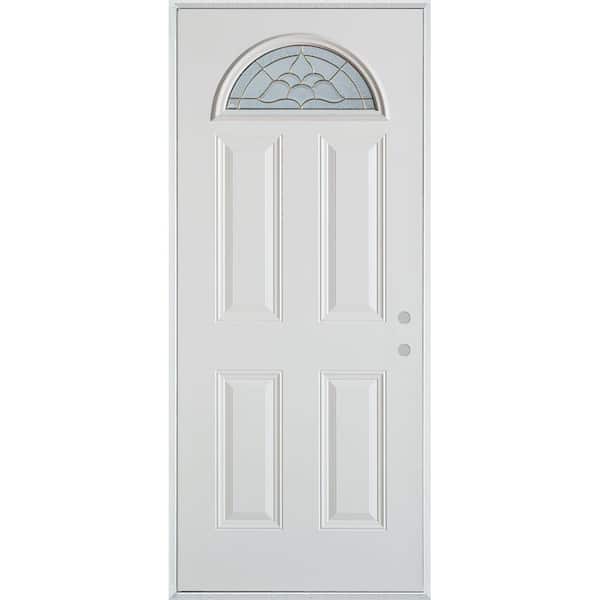 Stanley Doors 36 in. x 80 in. Traditional Brass Fan Lite 4-Panel Prefinished White Left-Hand Inswing Steel Prehung Front Door