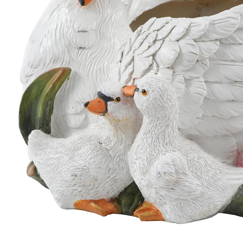 White Resin Swan Family Planter with Multicolor Accents
