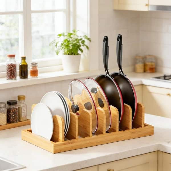 15.4 in. Bamboo Pot Lid Organizer Pot Lid Holder Drawer Organizer for Cabinet Storage, Natural (1-Pack)