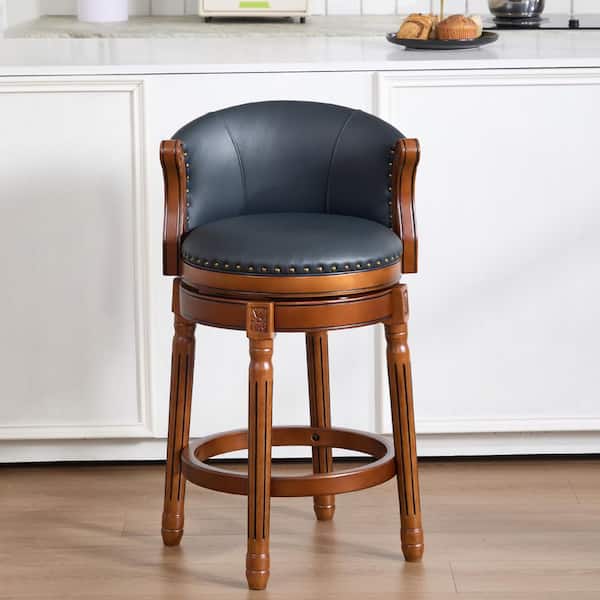 Stuart 34.6 in. H Blue Wood Upholstered Bar Stool with Leather Seat, Back and 360° Swivel