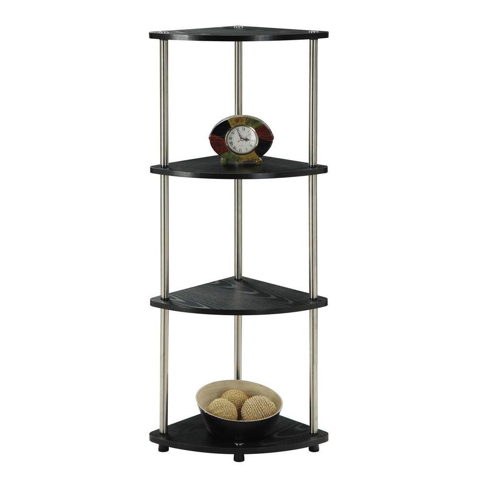 Black Wood 4-Tier Corner Shelf with Stainless Steel Poles