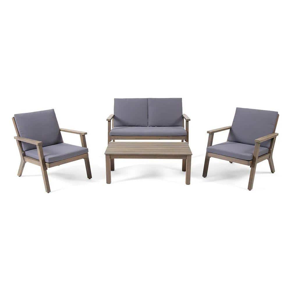 Sudzendf Gray 4-Piece Acacia Wood Patio Conversation Set with Dark Gray ...