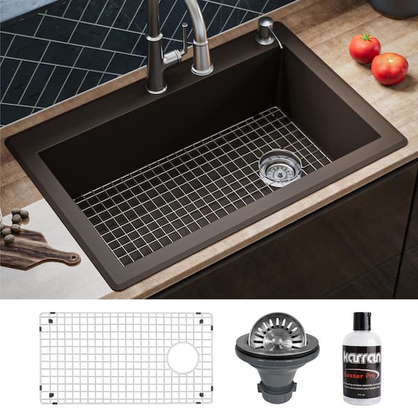 Karran QT-670 Quartz/Granite 33 in. Single Bowl Top Mount Drop-In Kitchen Sink in Brown with Bottom Grid and Strainer