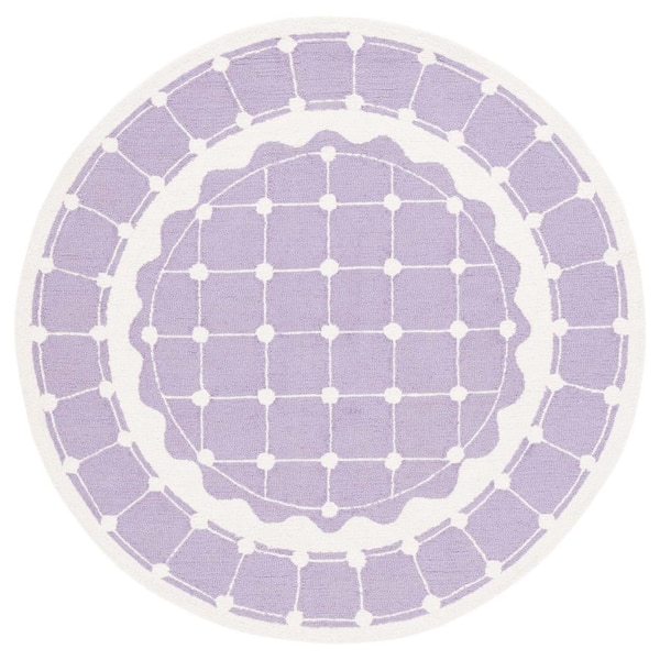 Kids 5 ft. x 5 ft. Purple/Ivory Geometric Border Round Area Rug