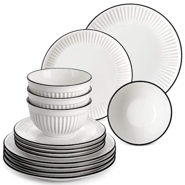 12-Piece White Color Black Trim Porcelain Dinnerware Set (Service for 4) Bowl and Plate Dining Set Tableware Service Set