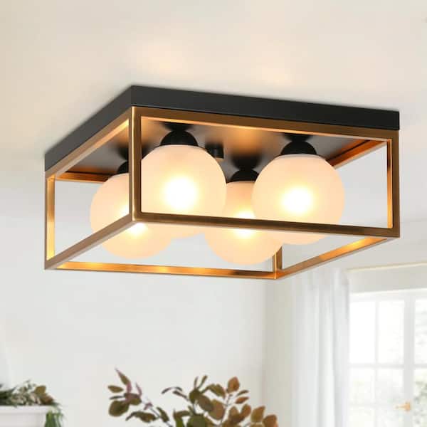 Modern 14 in. 4-Light Brass Flush Mount Light with Globe Frosted Glass Shade, Rustic Black Square Foyer Ceiling Lamp