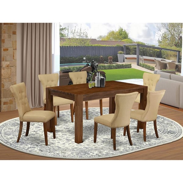 East West Furniture 7-Piece Rectangle Natural Oak Finish Solid Wood Top Dining Table with 6 Parson Chairs with Lattice Back