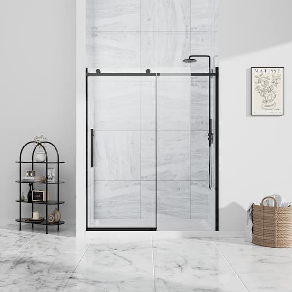 Obsidian 60 in. W x 74 in. H Single Sliding Frameless Shower Door in Matt Black with Clear 5/16 in. Glass