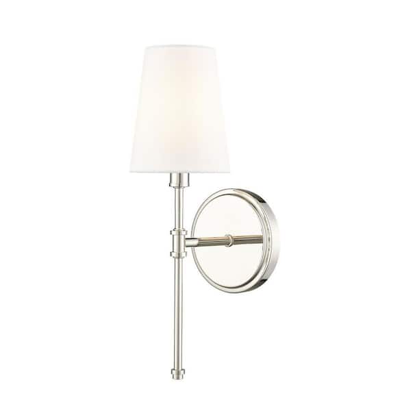 Adorra 15 in. 1-Light Polished Nickel Wall Sconce with White Linen Shade
