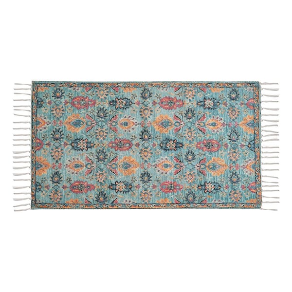 Chinille Fringe Machine Washable Teal 2 ft. x 4 ft. Floral Accent Area Rug