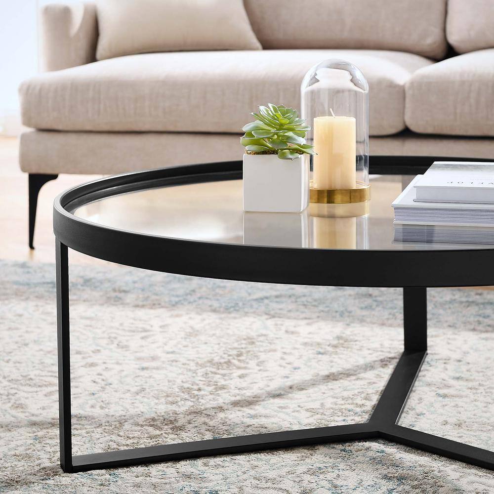 Black Round Glass Coffee Table with Storage