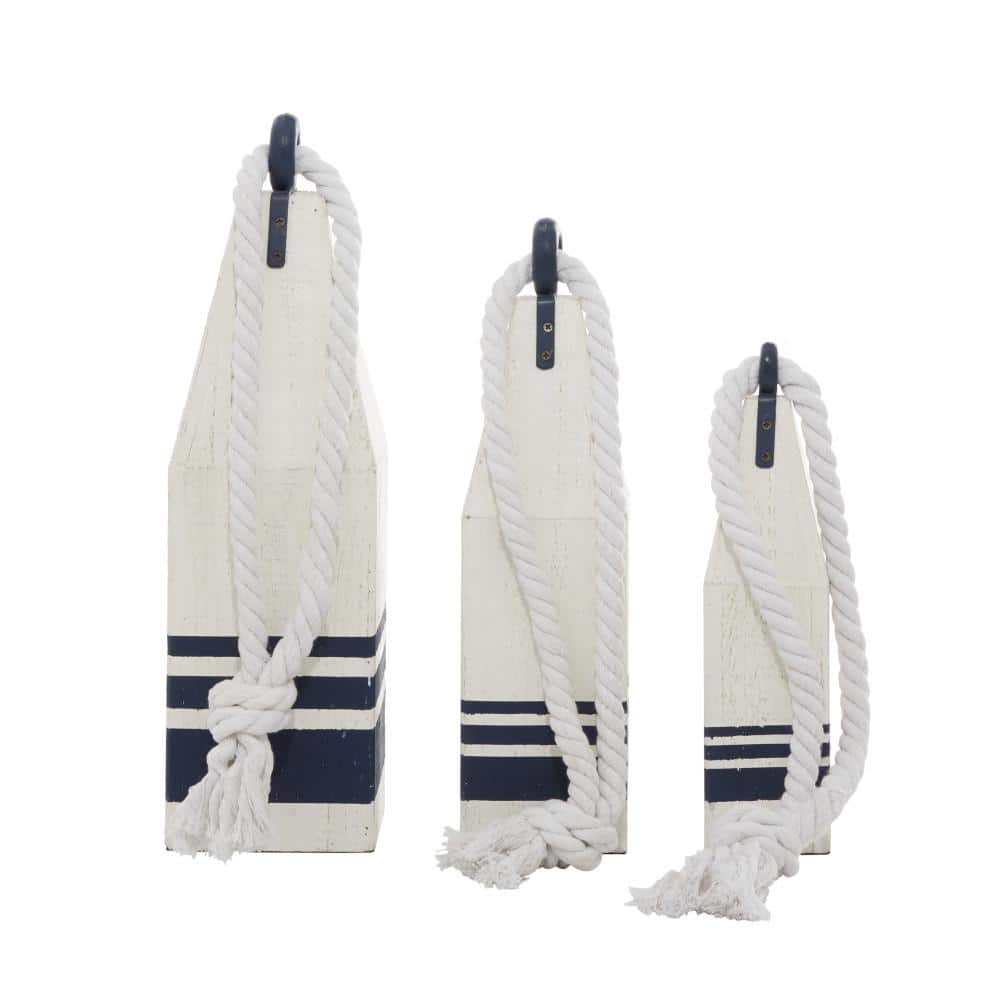 White and Navy Wood Buoy Sculptures with Rope Accents, Set of 3