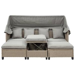 4-Piece Wicker Patio Conversation Set with Gray Cushions and Retractable Canopy