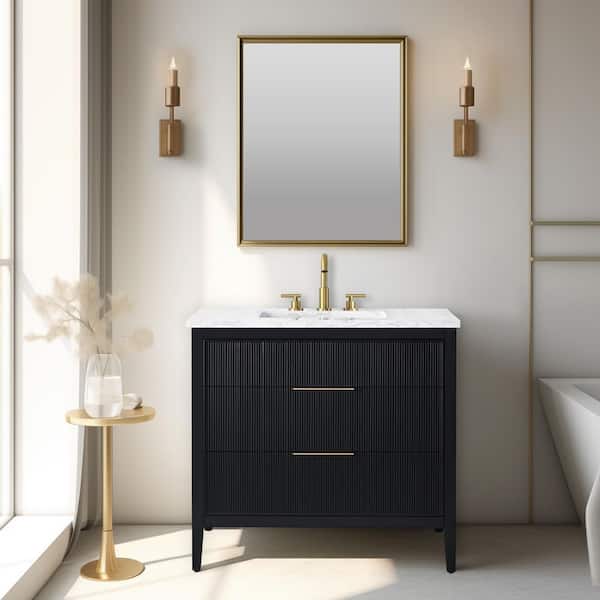 Emma 36 in. W Bath Vanity in Black with Engineered Stone Top in Arabescato with White Sink