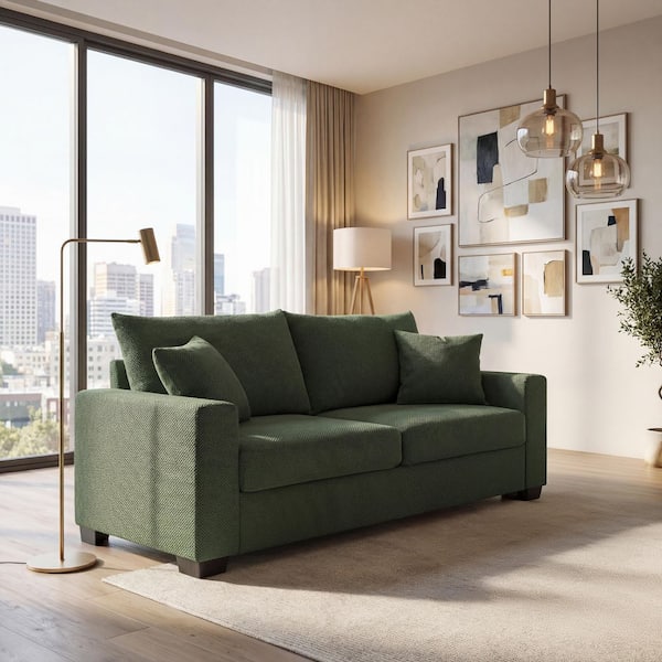 Mid-Century Modern 69 in. Fabric Square Arm Rectangle Sofa in Dark Green