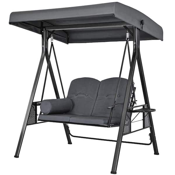 PamaPic 2-Person Gray Metal Patio Swing with Canopy and Cushions