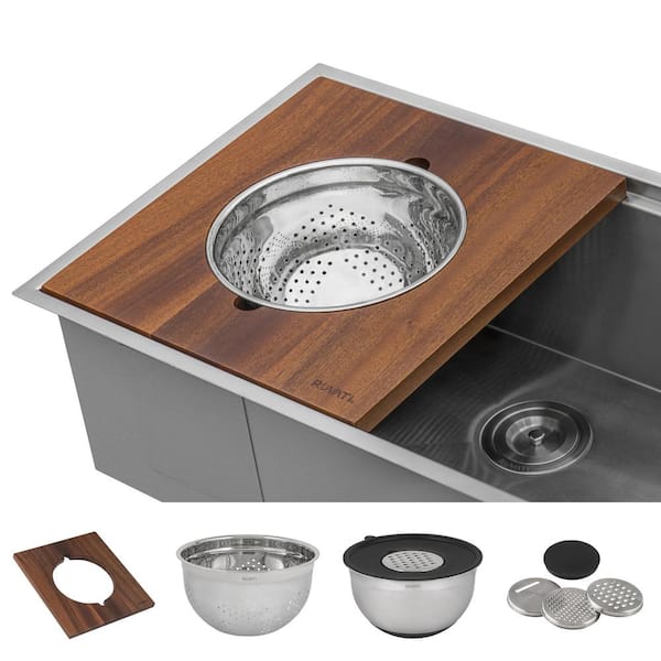 Ruvati Dual-Tier Wood Platform with 5 Qt. Mixing Bowl and Colander (Complete Set) for Workstation Sinks