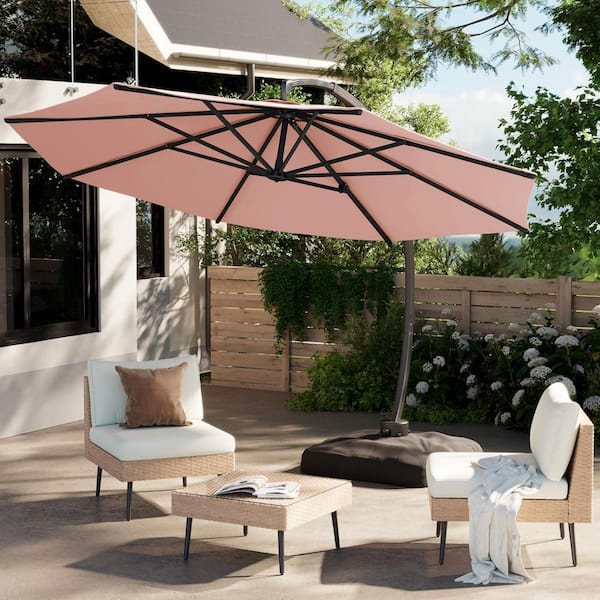 abba patio 11 feet aluminum offset cantilever umbrella LAZZO 11 ft. Cantilever Patio Umbrella with Base, Aluminum Offset 360° Rotation Outdoor Umbrella, Pink