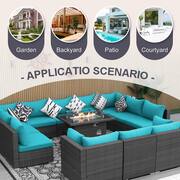 Large Gray 13-Piece 12-Seats Wicker Patio Fire Pit Sofa Set with Light Teal Cushions and 43 in. Fire Pit Table