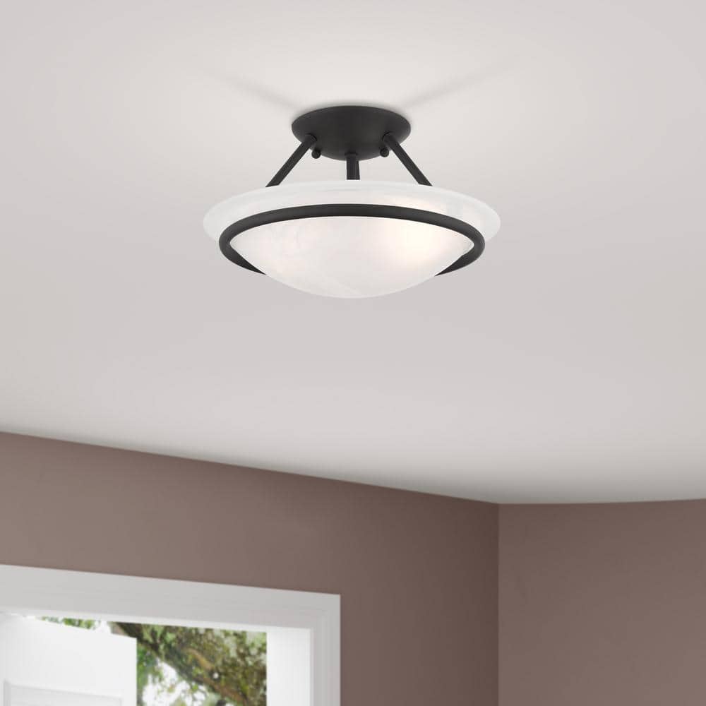Lustrous Black Nickel 2-Light Semi Flush Mount with White Alabaster Glass Bowl