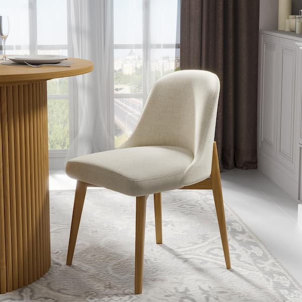 NEUTYPE Drum Willin Upholstered Modern White Dining Chairs with Oak Leg (Set of 2)
