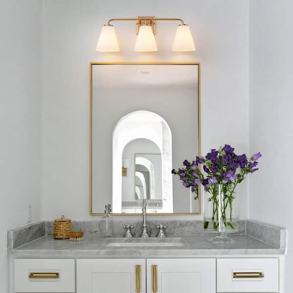 Aria 24 in. 3-Light Gold Vanity Light with Frosted White Cone Glass Shades for Bathroom