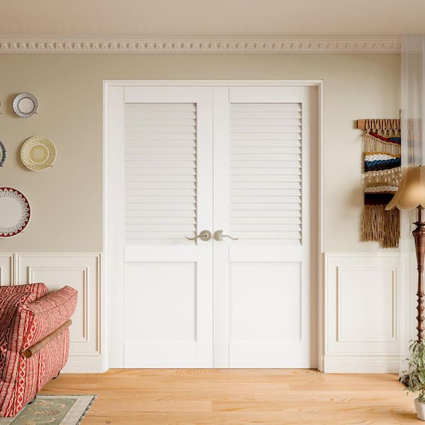 TENONER 64in x 80in Louvered-Top Panel Universal White Wood Double