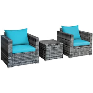 3-Piece Rattan Patio Conversation Furniture Set Outdoor Yard with Turquoise Cushion