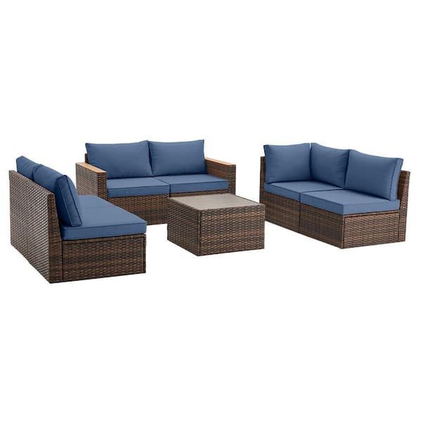 Sudzendf Brown 7-Piece Wicker Patio Conversation Set, Outdoor Sofa Set with Blue Cushions