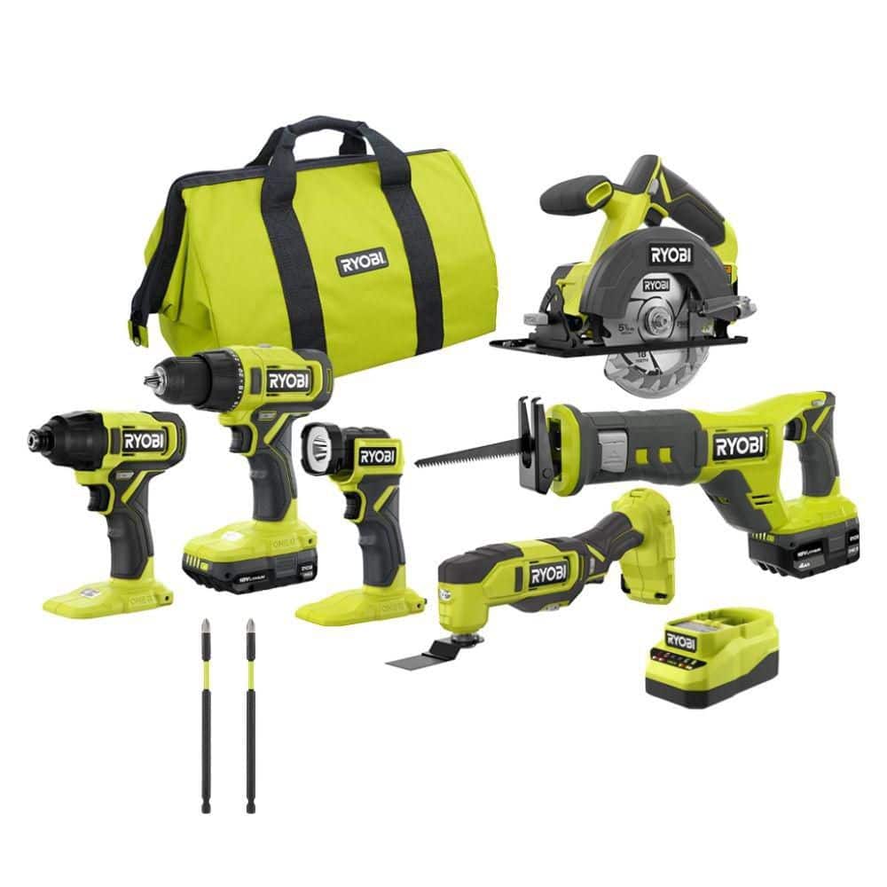 RYOBI ONE+ 18V 6-Tool Combo Kit w/ 2Ah Battery, 4Ah Battery, & Charger w/ 2PC 6" Diamond Grit Impact Drive Bits (1600K2XA962601)