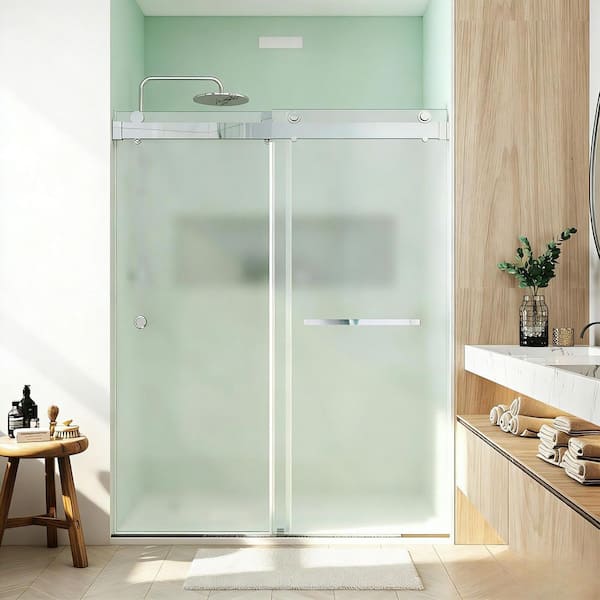 56-61 in. W x 76 in. H Double Sliding Frameless Shower Door Chrome with 3/8 in. Frosted Glass with 1-Towel Bar