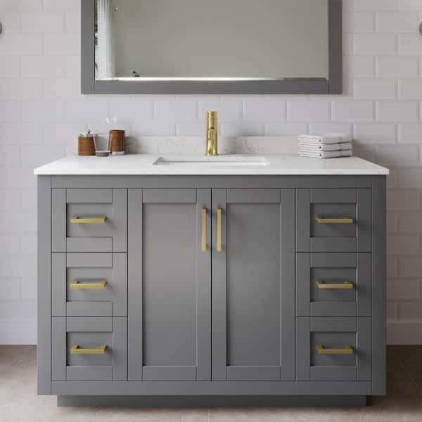 Wyndham Collection Miranda 48 in. W Single Bath Vanity in Dark Gray w/Cultured Marble Vanity Top in LV Carrara with White Basin and Mirror