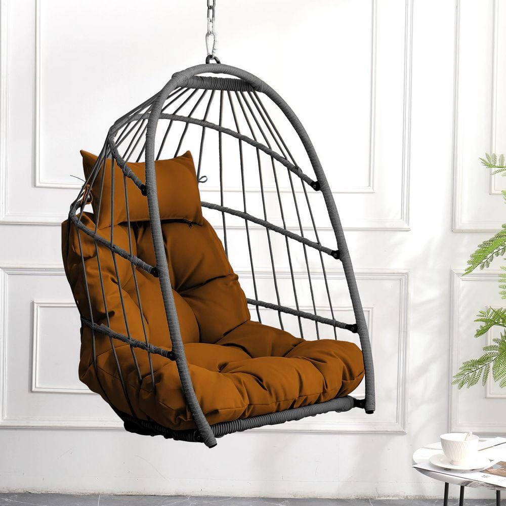 1-Person Brown Outdoor Garden Rattan Egg Swing Chair Hanging Chair