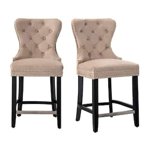 Harper 24 in. Taupe Velvet Tufted Wingback Kitchen Counter Stool with Black Solid Wood Frame (Set of 2)