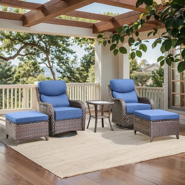 Arcadia Brown 5-Piece Wicker Swivel Rocker Patio Conversation Set with 6 in. Thick Navy Blue Cushions and Ottomans