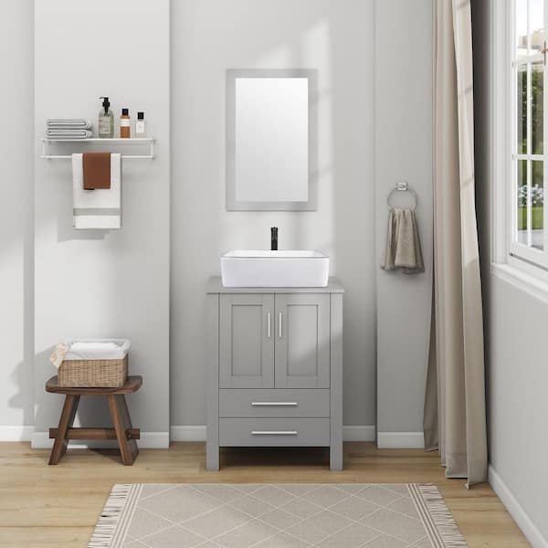 24 in. W x 20 in. D x 32 in. H Single Sink Bath Vanity in Gray with Gray Solid Surface Top and Mirror
