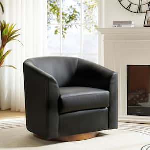 Meroy 30.5 in. Wide Black Modern Swivel Barrel Faux Leather Chair with Solid Wood Base