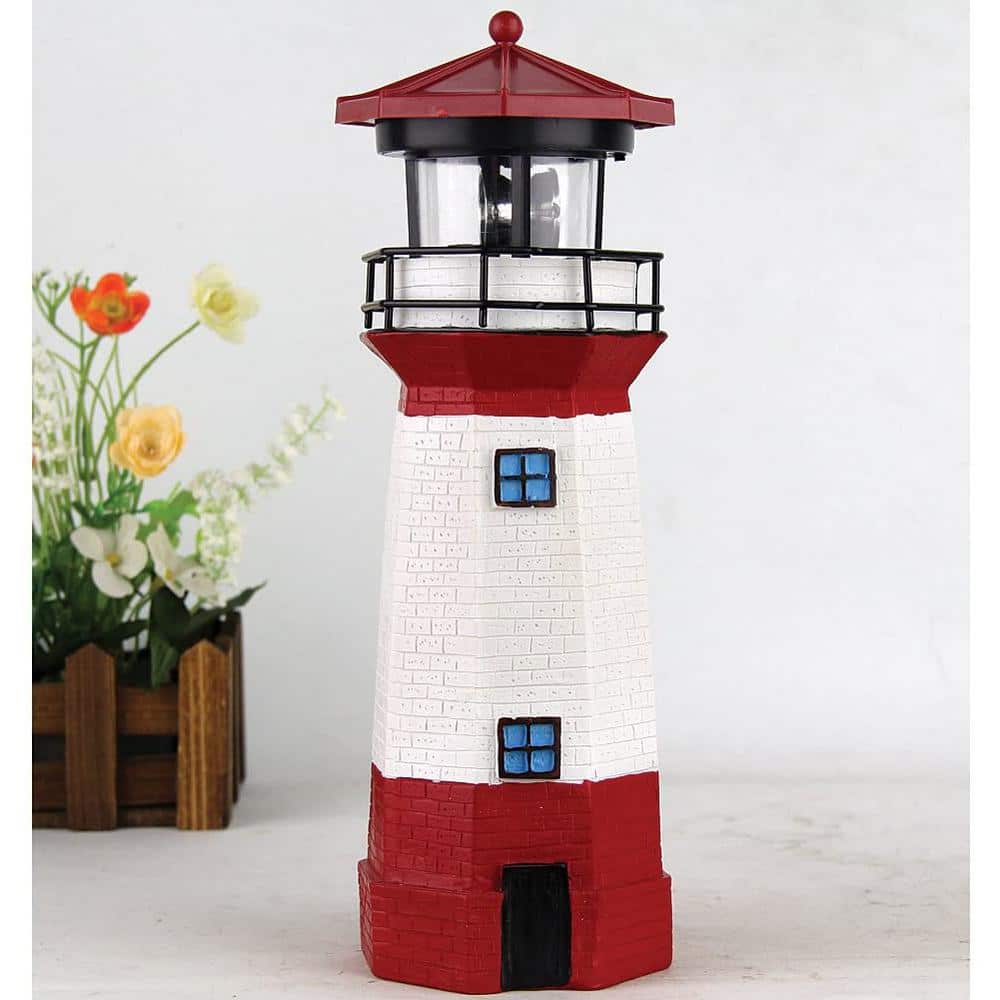 Red and White Solar Lighthouse Garden Statue with Rotating Lamp