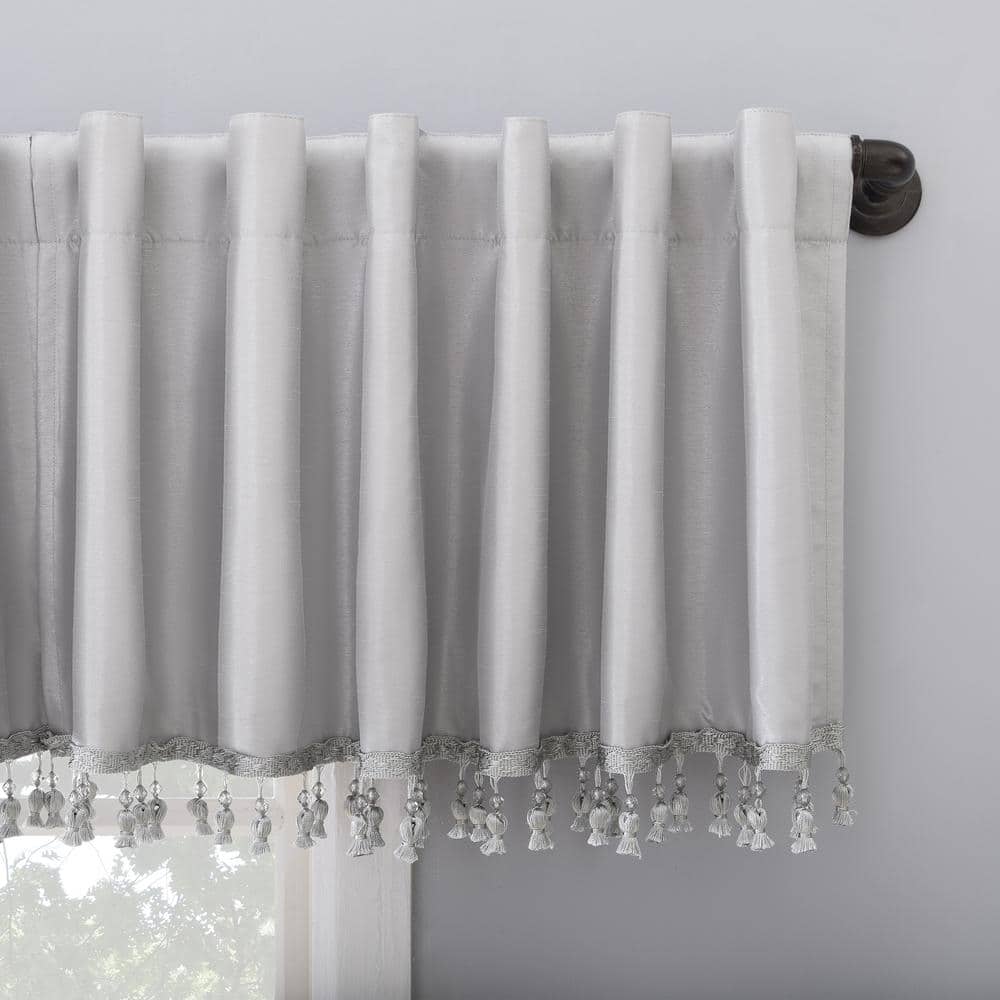 Chrome Gray Faux Silk Blackout Valance with Beaded Tassels