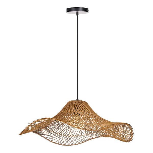 1 Light Natural Rattan Handwoven Pendant Light with Wave Design, No Bulbs Included 24 in.